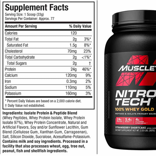 Whey Nitro Tech Gold, 1 kg, Muscletech, sabor a tarta de fresa aislada hidrolizada (fresa)